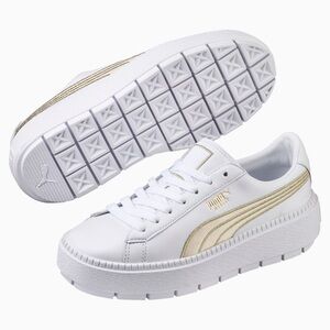 Puma White and Gold Platform Trace Varsity Women's Trainers